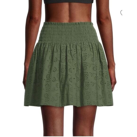 JASON WU Smocked Eyelet Mini Skirt in Olive Green NWT Size Large - Picture 3 of 10